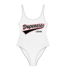 Women’s Blakk apparel white bathing suit one piece with Dopeness on the chest. Curvy petite plus size