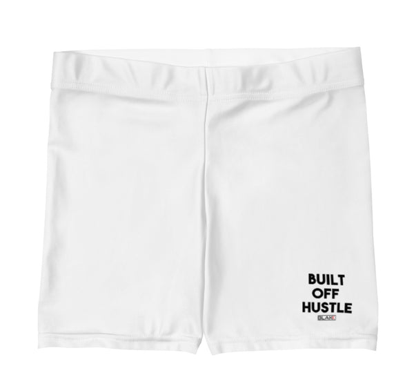 Blakk Apparel sexy shape wear yoga shorts for women with 'Built Off Hustle' logo - White shapewear shorts featuring the phrase 'Built Off Hustle' in stylish white lettering, embodying the brand's ethos of hard work, determination, and success.