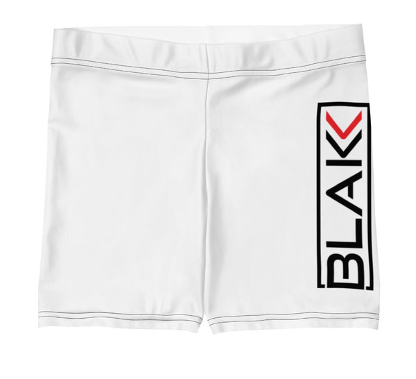 Women’s/ Girls Blakk Apparel white gym shorts/ biker shorts/ tights/ with Blakk logo design on the thigh