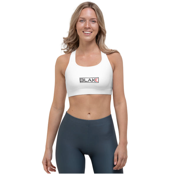 Women’s/ Girls Blakk Apparel white gym sports bra with Blakk logo design on the chest