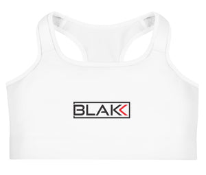 Women’s/ Girls Blakk Apparel white gym sports bra with Blakk logo design on the chest