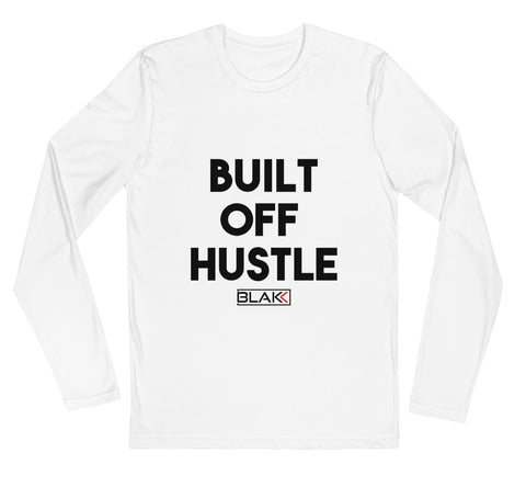 Blakk Apparel Built Off Hustle white long sleeve crewneck with black lettering, featuring a bold design and comfortable fit, empowering you to conquer your goals with confidence.