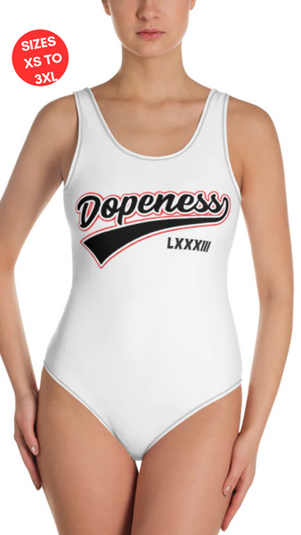 Women’s Blakk apparel white bathing suit one piece with Dopeness on the chest. Curvy petite plus