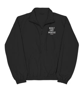 Blakk Apparel recycled tracksuit jacket with 'Built Off Hustle' logo - black tracksuit jacket featuring the phrase 'Built Off Hustle' in stylish white lettering, embodying the brand's ethos of hard work, determination, and success.