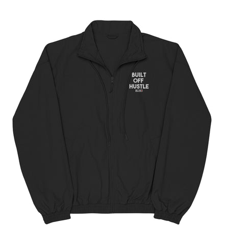 Blakk Apparel recycled tracksuit jacket with 'Built Off Hustle' logo - black tracksuit jacket featuring the phrase 'Built Off Hustle' in stylish white lettering, embodying the brand's ethos of hard work, determination, and success.