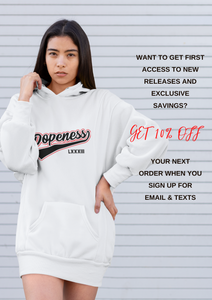 Blakk Apparel white Dopeness Hoodie with bold black lettering and a hood.