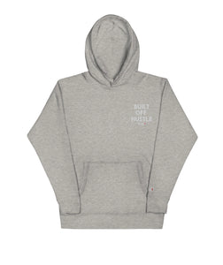 Blakk Apparel Built Off Hustle logo hoodie white lettering, featuring a bold design and comfortable fit, empowering you to conquer your goals with confidence.