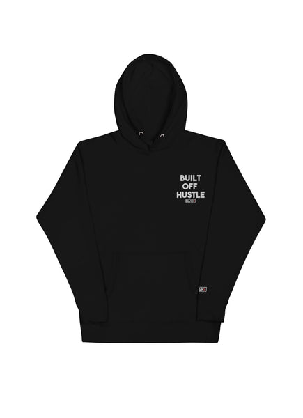 Blakk Apparel Built Off Hustle logo hoodie white lettering, featuring a bold design and comfortable fit, empowering you to conquer your goals with confidence.