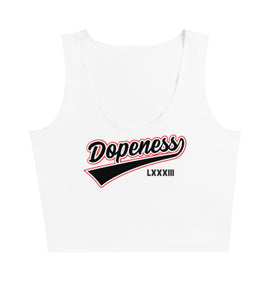 Women’s Blakk Apparel crop top featuring 'Dopeness' in stylish black lettering, embodying the brand's ethos of hard work, determination, and success.