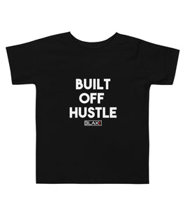 Blakk Apparel unisex toddler soft cotton t-shirt with Built off hustle logo on chest and Blakk logo in white lettering on the back mommy/daddy and me clothing