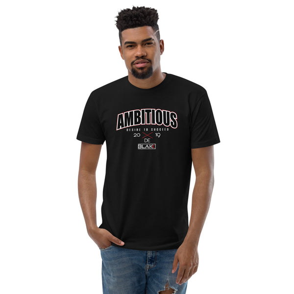 Blakk Apparel t-shirt with 'Ambitious' logo - A black t-shirt featuring the word 'Ambitious' in bold white letters, representing the brand's empowering and ambitious spirit.