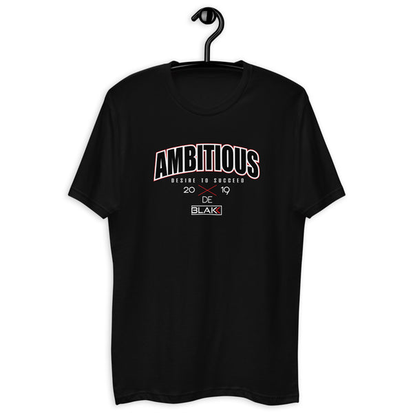 Blakk Apparel t-shirt with 'Ambitious' logo - A black t-shirt featuring the word 'Ambitious' in bold white letters, representing the brand's empowering and ambitious spirit.