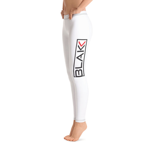 Women’s/ Girls Blakk Apparel white gym leggings/ tights with Blakk logo design on the thigh #missbadyellow