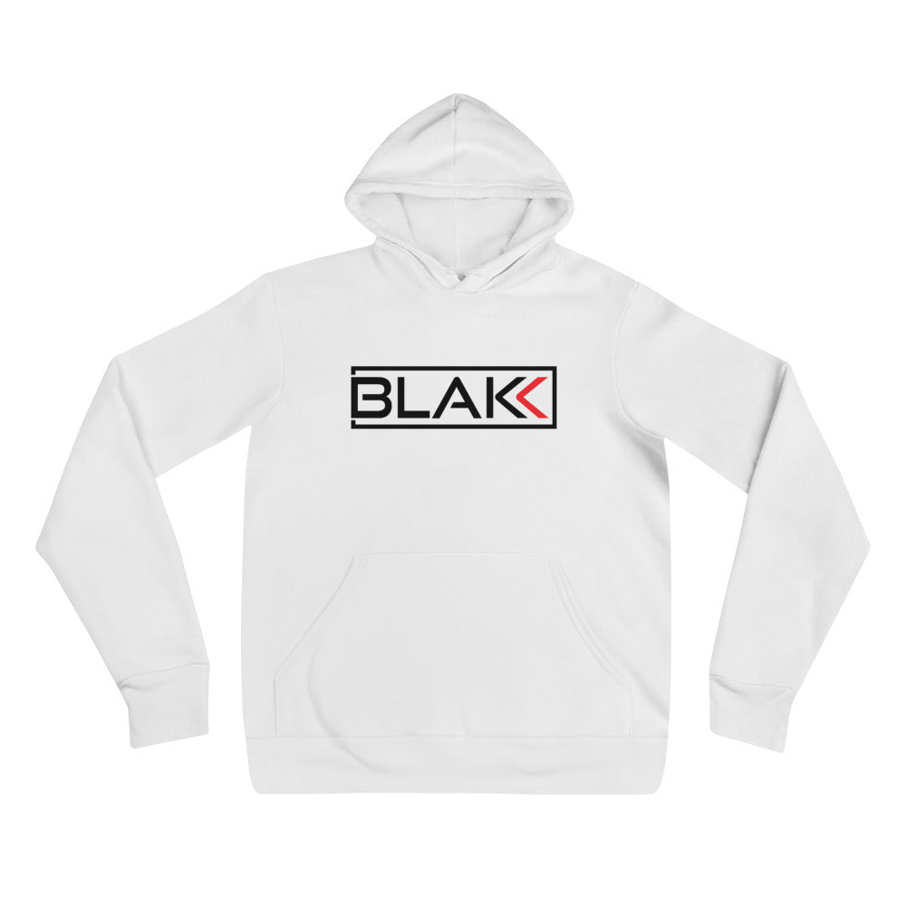 Blakk Apparel OG Blakk Logo hoodie in white with black lettering, featuring a bold design and comfortable fit, empowering you to conquer your goals with confidence.