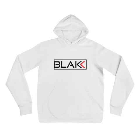 Blakk Apparel OG logo hoodie in white with black lettering, featuring a bold design and comfortable fit, empowering you to conquer your goals with confidence.