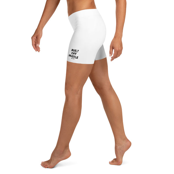 Blakk Apparel sexy shape wear yoga shorts for women with 'Built Off Hustle' logo - White shapewear shorts featuring the phrase 'Built Off Hustle' in stylish white lettering, embodying the brand's ethos of hard work, determination, and success.