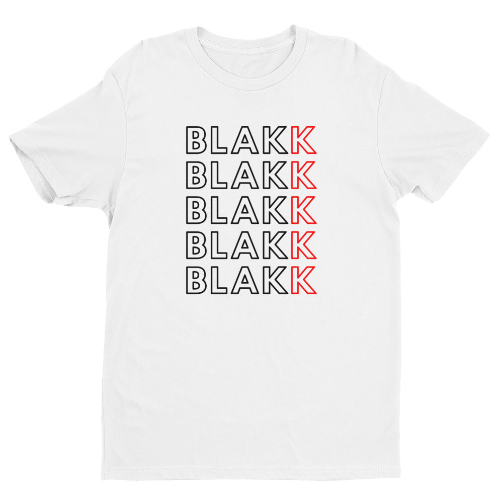 Blakk Apparel Multi Blakk Logo t-shirt in white with black lettering, featuring a bold design and comfortable fit, empowering you to conquer your goals with confidence.