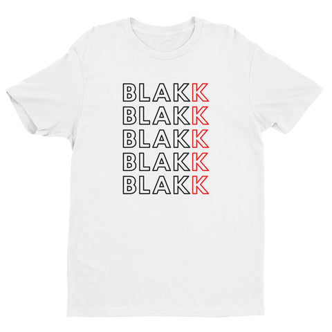 Blakk Apparel Multi Blakk Logo t-shirt in white with black lettering, featuring a bold design and comfortable fit, empowering you to conquer your goals with confidence.