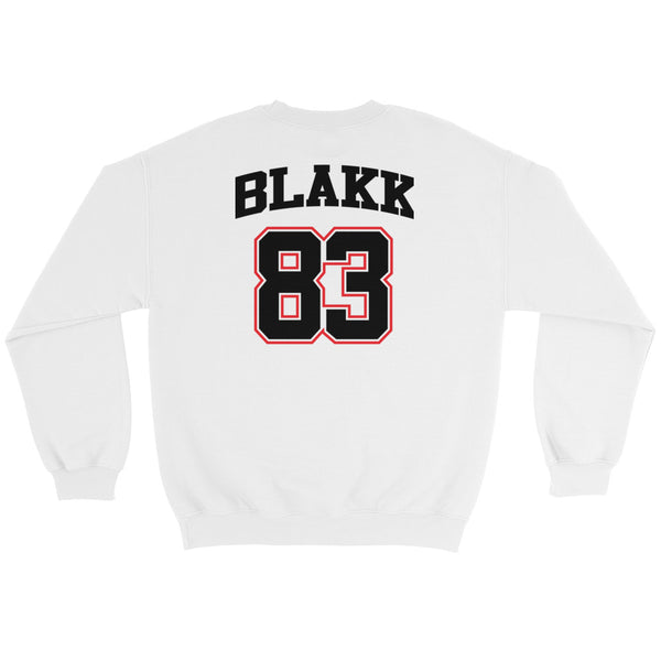 Blakk Apparel white crewneck sweatshirt with black Dopeness design and year ‘83 with Blakk written above numbers.