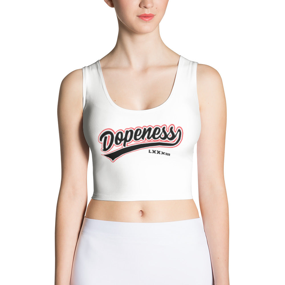 Women’s Blakk Apparel crop top featuring 'Dopeness' in stylish black lettering, embodying the brand's ethos of hard work, determination, and success.