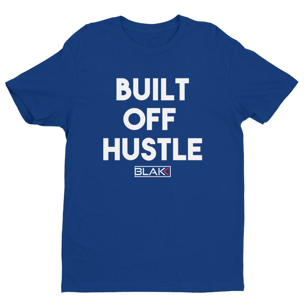 Blakk Apparel royal blue t-shirt with 'Built Off Hustle' logo - A blue t-shirt featuring the phrase 'Built Off Hustle' in stylish white lettering, embodying the brand's ethos of hard work, determination, and success.