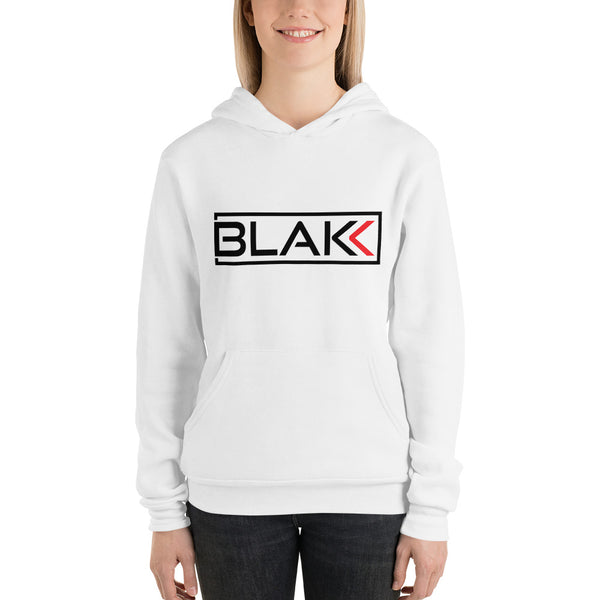 Blakk Apparel OG logo hoodie in white with black lettering, featuring a bold design and comfortable fit, empowering you to conquer your goals with confidence.