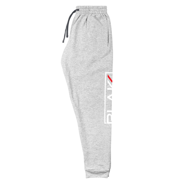 Blakk Apparel gray jogger pants with white lettering design #kissedbyken