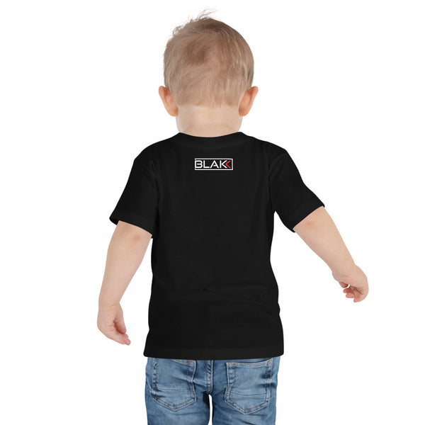 Blakk Apparel unisex toddler soft cotton t-shirt with Built off hustle logo on chest and Blakk logo in white lettering on the back mommy/daddy and me clothing