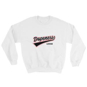 Blakk Apparel white crewneck sweatshirt with black Dopeness design and year ‘83 with Blakk written above numbers.