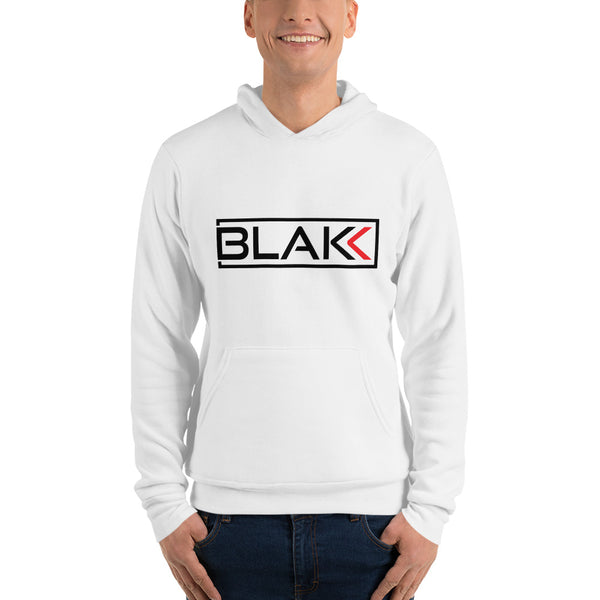 Blakk Apparel OG logo hoodie in white with black lettering, featuring a bold design and comfortable fit, empowering you to conquer your goals with confidence.