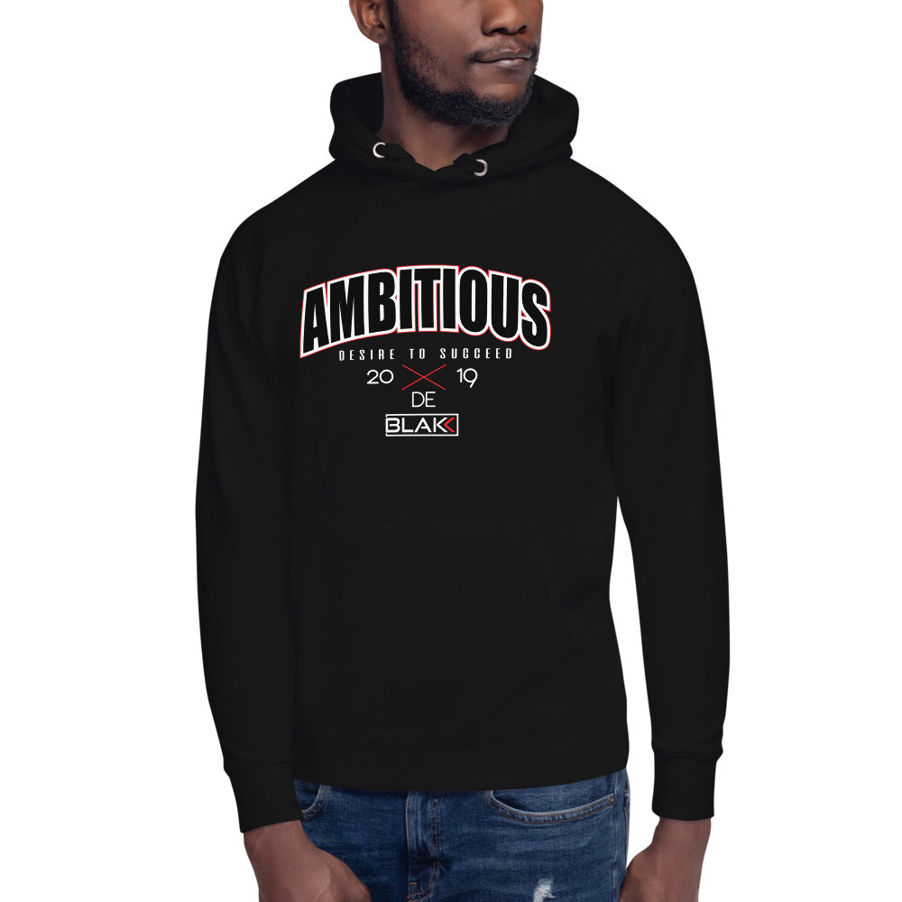 Blakk Apparel unisex hoodie with 'Ambitious' logo - A hoodie featuring the word 'Ambitious' in bold white letters, representing the brand's empowering and ambitious spirit.