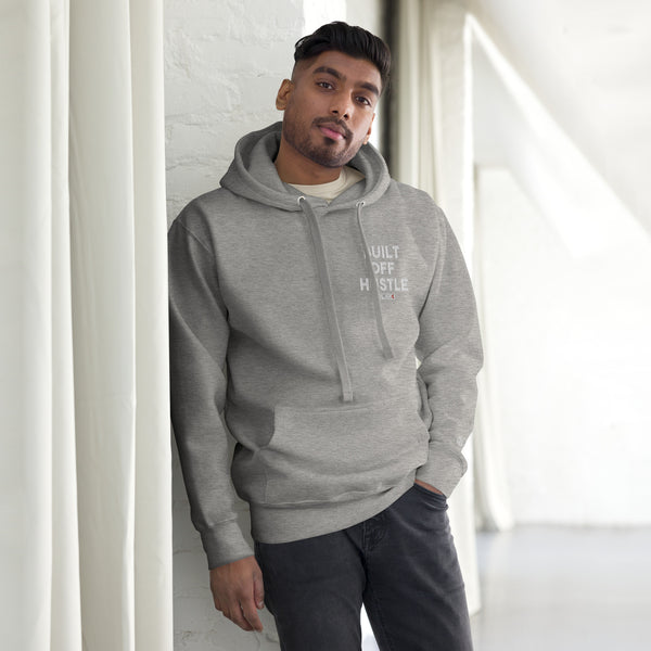 Blakk Apparel Built Off Hustle logo hoodie white lettering, featuring a bold design and comfortable fit, empowering you to conquer your goals with confidence.