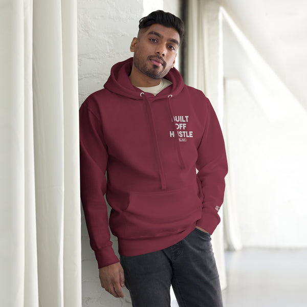 Blakk Apparel Built Off Hustle logo hoodie white lettering, featuring a bold design and comfortable fit, empowering you to conquer your goals with confidence.